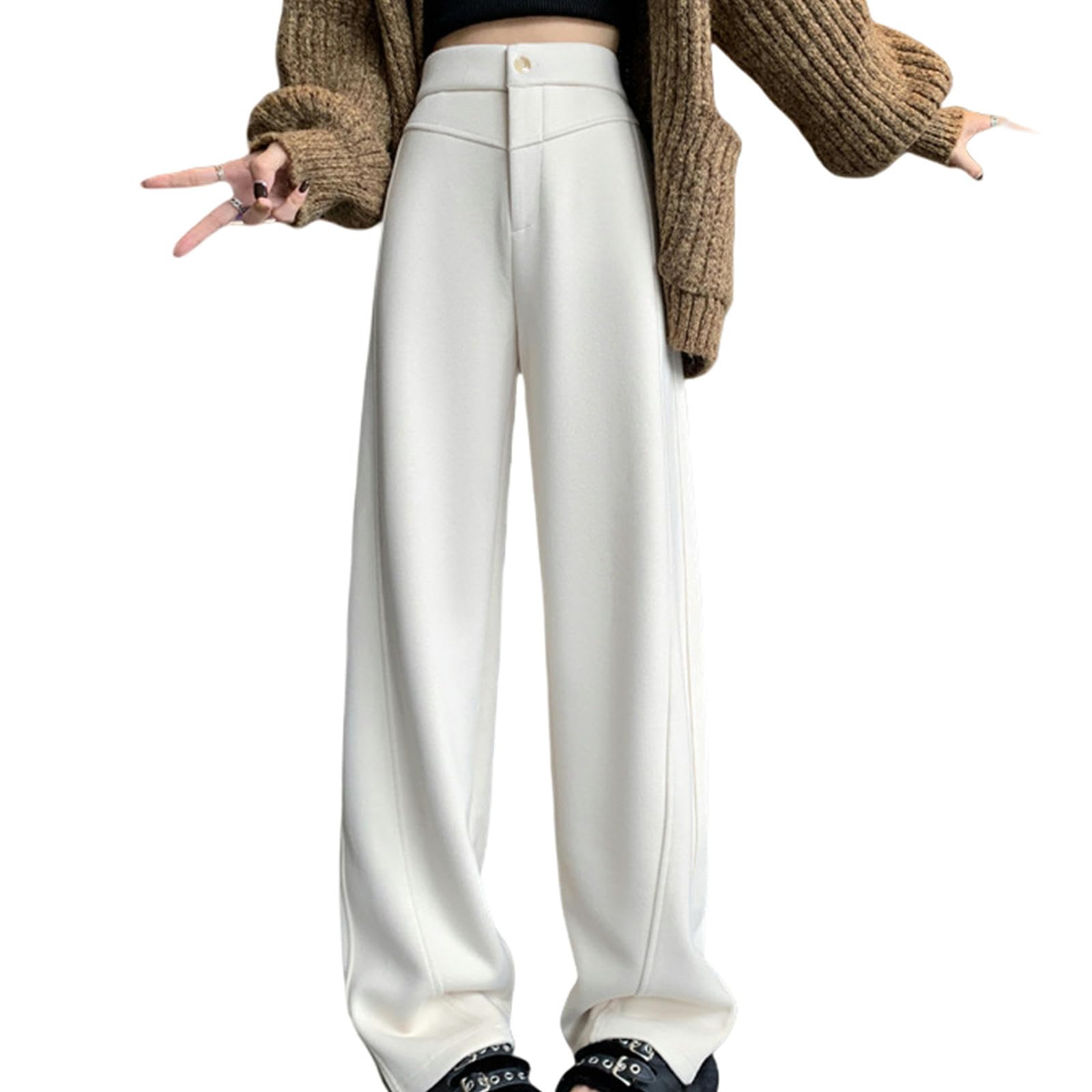 Pantalone Donna Pantaloni di Banana Peluche per Donne Autumn E Pantaloni Invernali A Gamba Larga Drapo in Alto-Rice White (più Velluto)-l