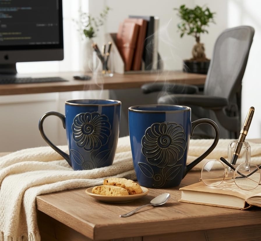 Image of Glossy Blue Embossed Floral Ceramic Tea /Coffee Mug Set of 2 (330 ml) | Microwave & Dishwasher Safe |Premium Ceramic Mugs for Home, Office & Gifting