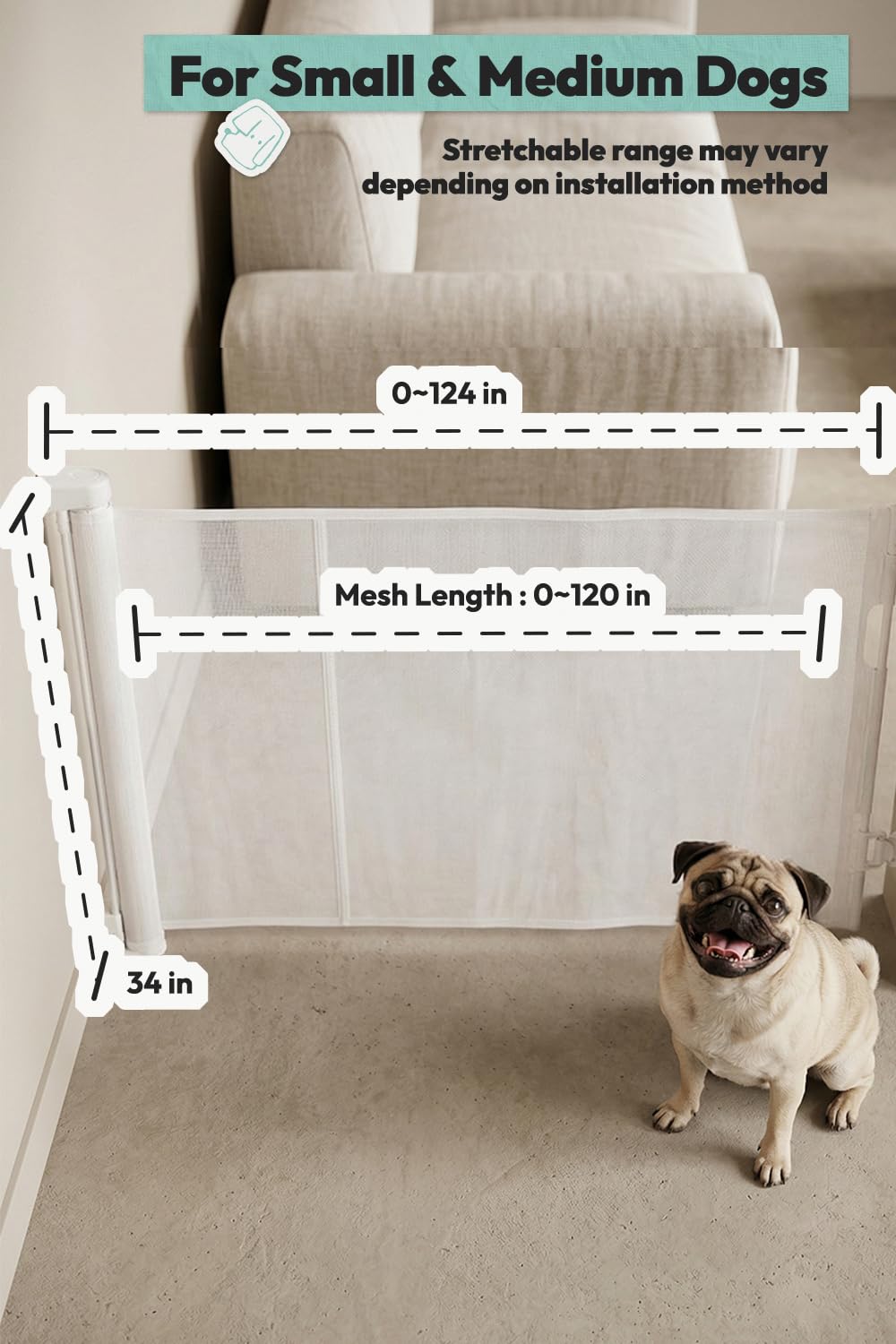 78 cm hohes Hundeschutzgitter aus Netz, ausziehbar bis 305 cm Breite, zum Bohren, kleines Hundegitter für Treppen, leicht übersteigbares Welpengitter für Türen, innen und außen, weiß