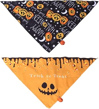2 Pack Halloween Dog Bandanas with Bell, Pet Holiday Pumpkin Ghost Themed Pattern Triangle Bibs Dog Fall Scarf Accessories Premium Durable Fabric Washable Cotton Pet Neckerchief for Cats Dogs Costume