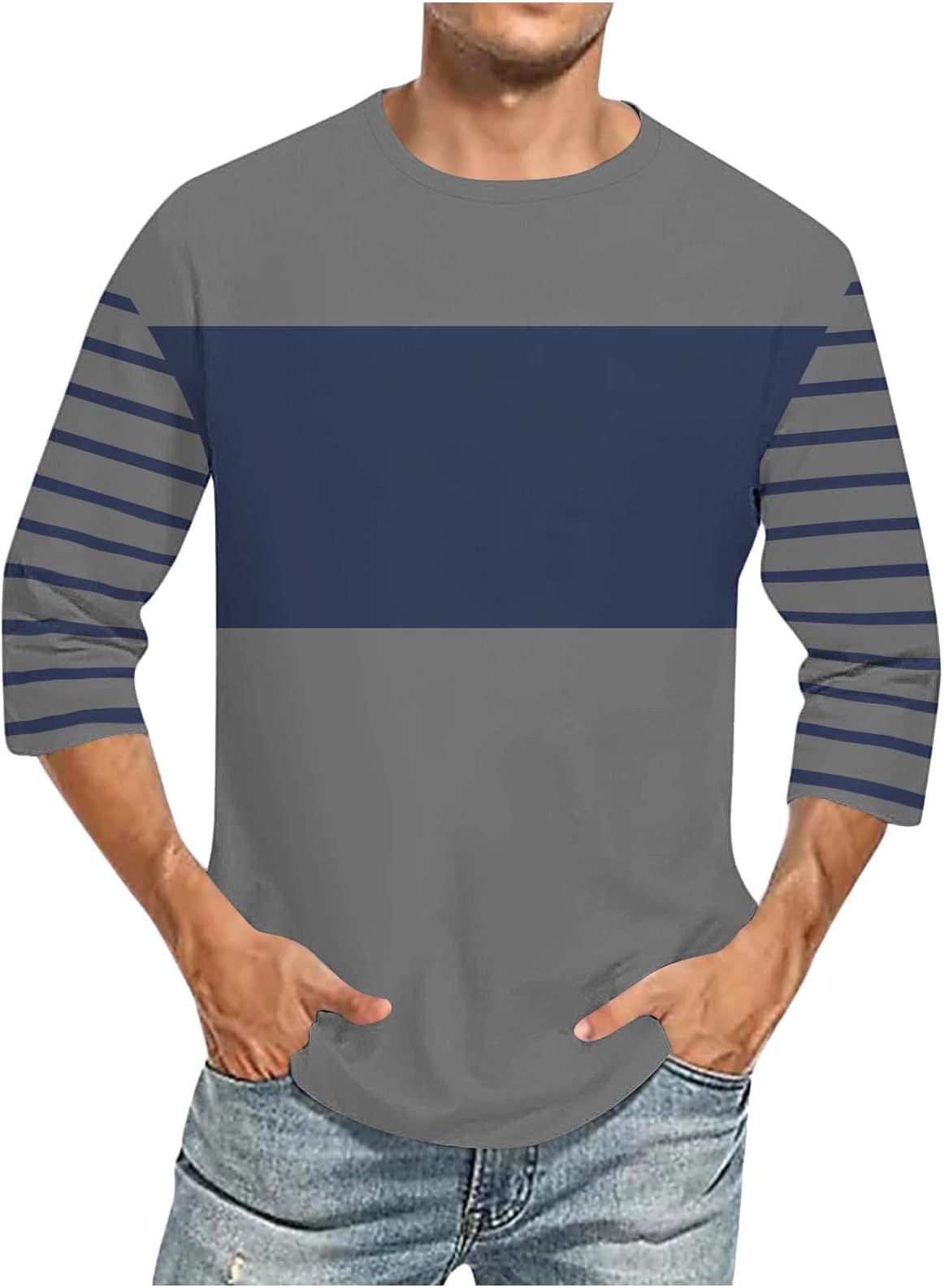 Men Base Layer Patchwork Round Neck Longsleeve T-Shirts Clothes with Straight Hem and Breathable Design Men's Classic Cut Base Layer for Daily Work Travel Outdoor Urban Lifestyle