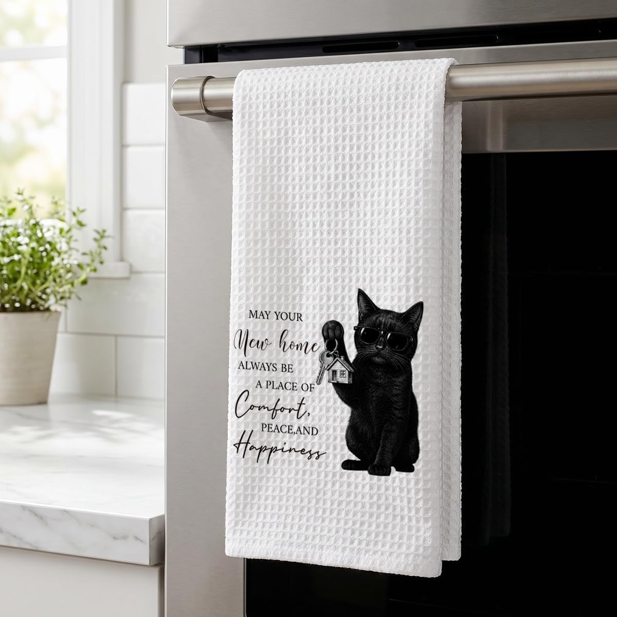 Black Cat New Home Kitchen Towels, Polyester Waffle Weave Dish Towels for Kitchen, Housewarming Gifts for Women, Cat Lover Hand Towels, New Home Decor image 3