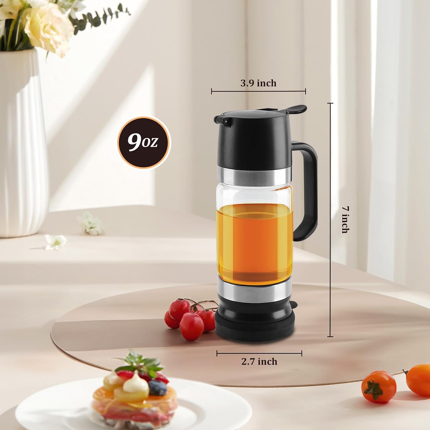 Aelga Glass Honey Dispenser No Drip - 9 OZ Honey Pot Honey Jar with Handle - Maple Syrup Dispenser, Black