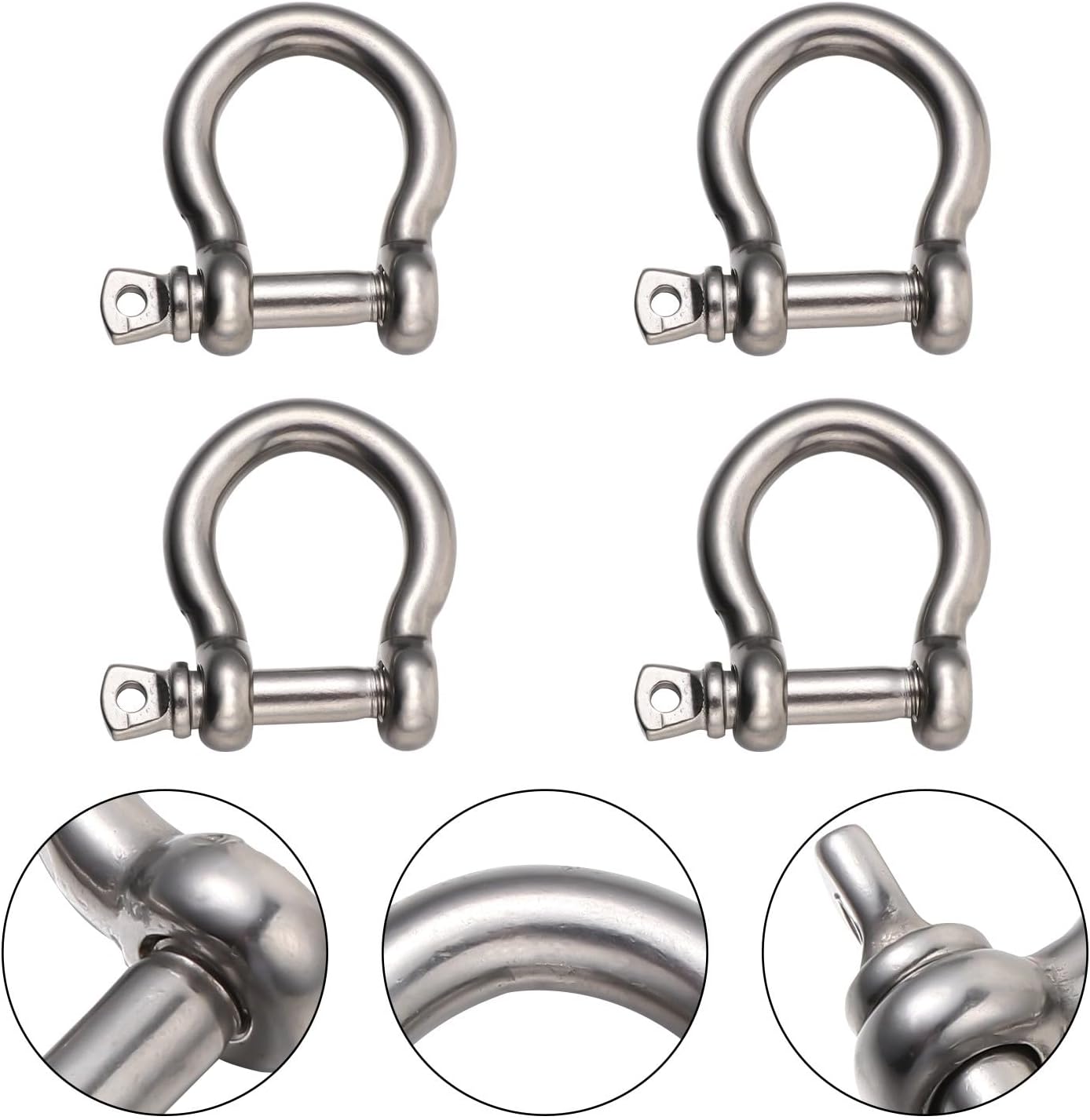Healifty 4pcs 304 Stainless Steel D-Shackle Metal Shackles M8 Bow Shackle Set Rustproof Heavy Duty for Towing Winch Accessories