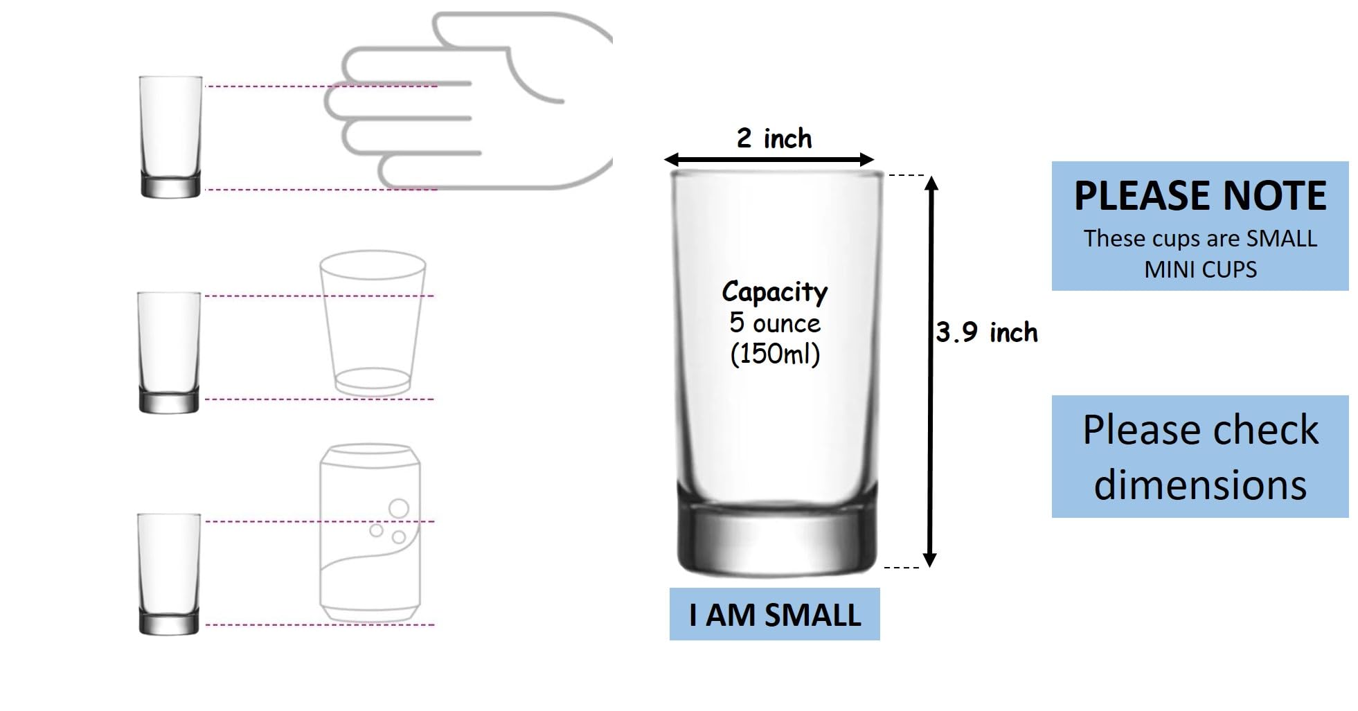 BOHEM'S Vasos pequeños de jugo, vasos de cristal transparente de 5.1 onzas, cristalería para jugo de naranja, agua, leche, café, perfecto para degustación y porciones pequeñas, juego de 6