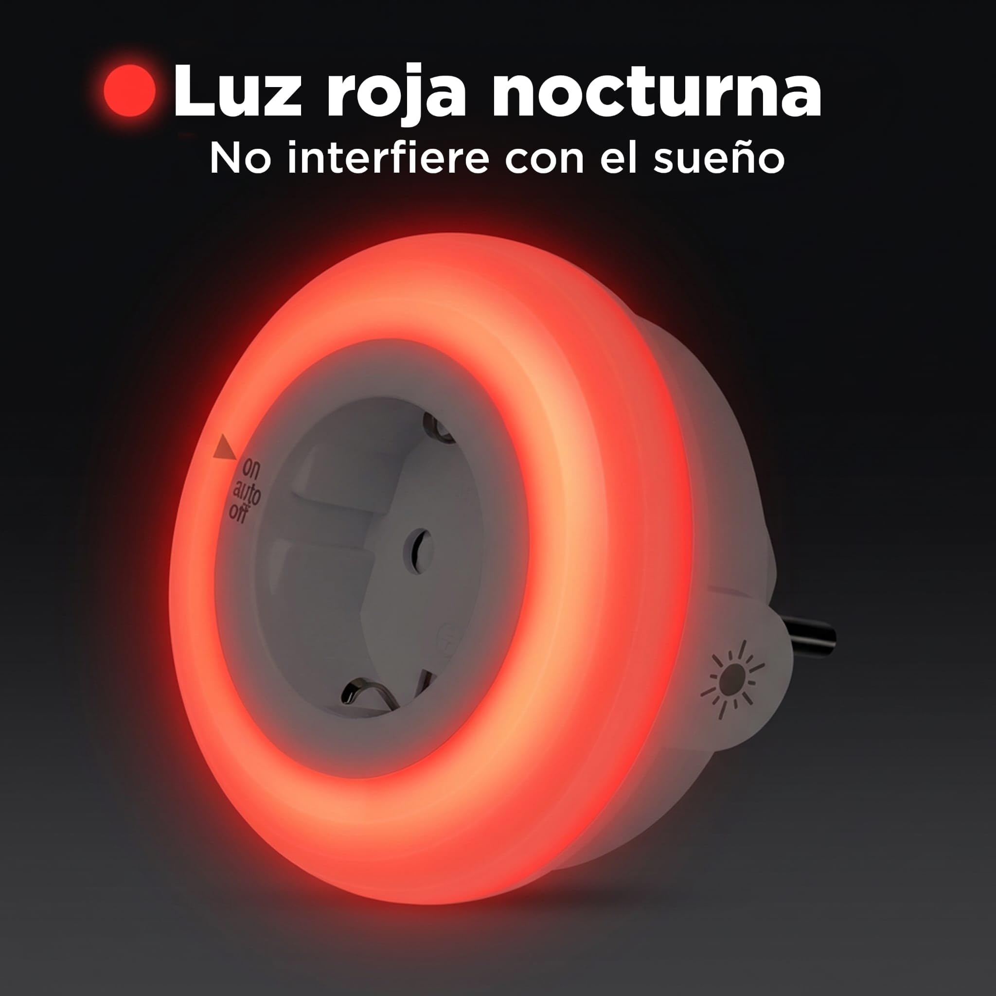 Luz Roja Nocturna Melatonina con Enchufe – Sensor Oscuridad – 0% Luz Azul – Brillo Regulable – Dormir, Bebés y Lactancia – ON/AUTO/OFF – Pack 2