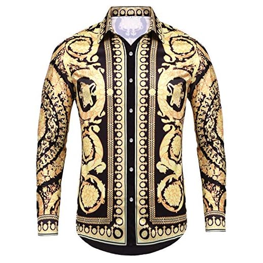Pacinoble Mens Dress Shirt Fashion Noble Long Sleeve Clothes High End Button-up Print Luxury Casual Button Down Shirts (Gold XL)