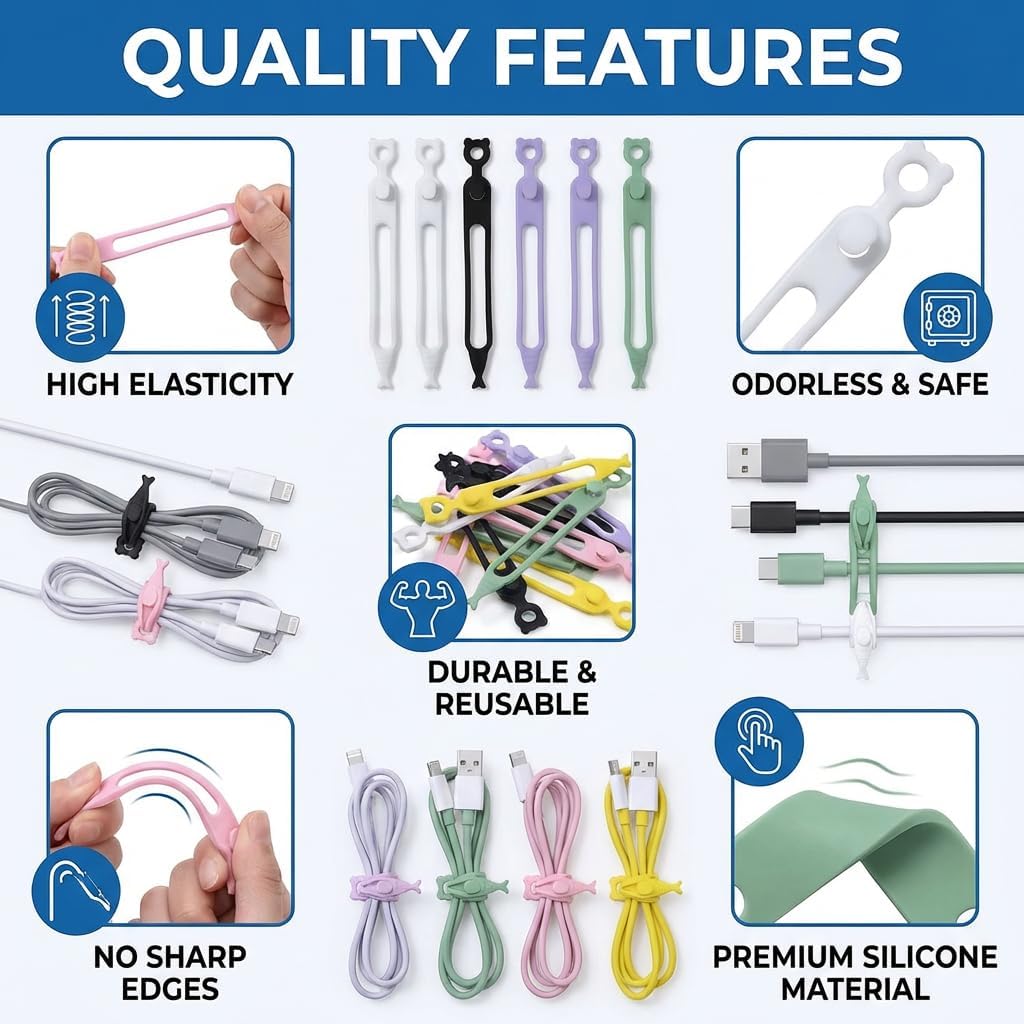 Cord Organizer 42PS Silicone Cable Ties Reusable Weatherproof Travel Cable Organizer High Elasticity Wraps for Bundling Earphone Phone Charger Computer Cords Wire Straps in Home Office Kitchen School