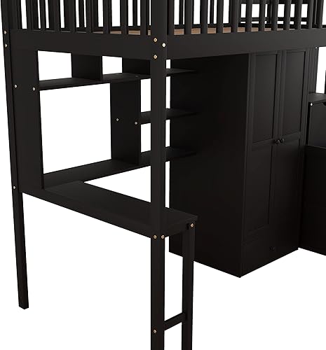 Miniatura 7 de Cama tipo loft moderna de tamaño individual con armario y escritorio integrados marco de cama tipo loft de madera maciza con escalera y estante de