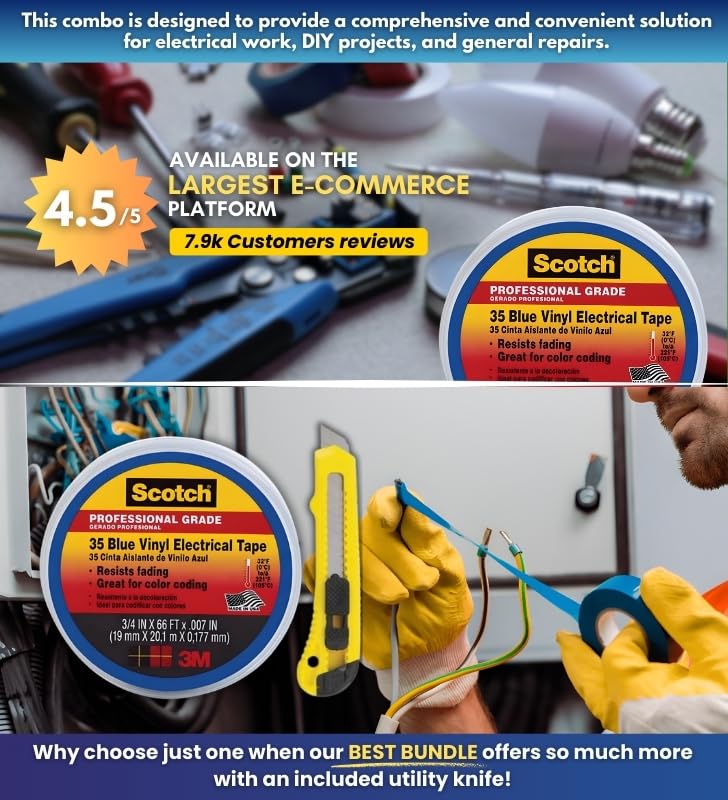 Image of Scotch 3 /4 in. W X 66 ft. L Blue Vinyl Electrical Tape Bundle with Utility Knife - Electrical Tape for Color Coding & Insulation - Indoor /Outdoor Use - (2 Items)
