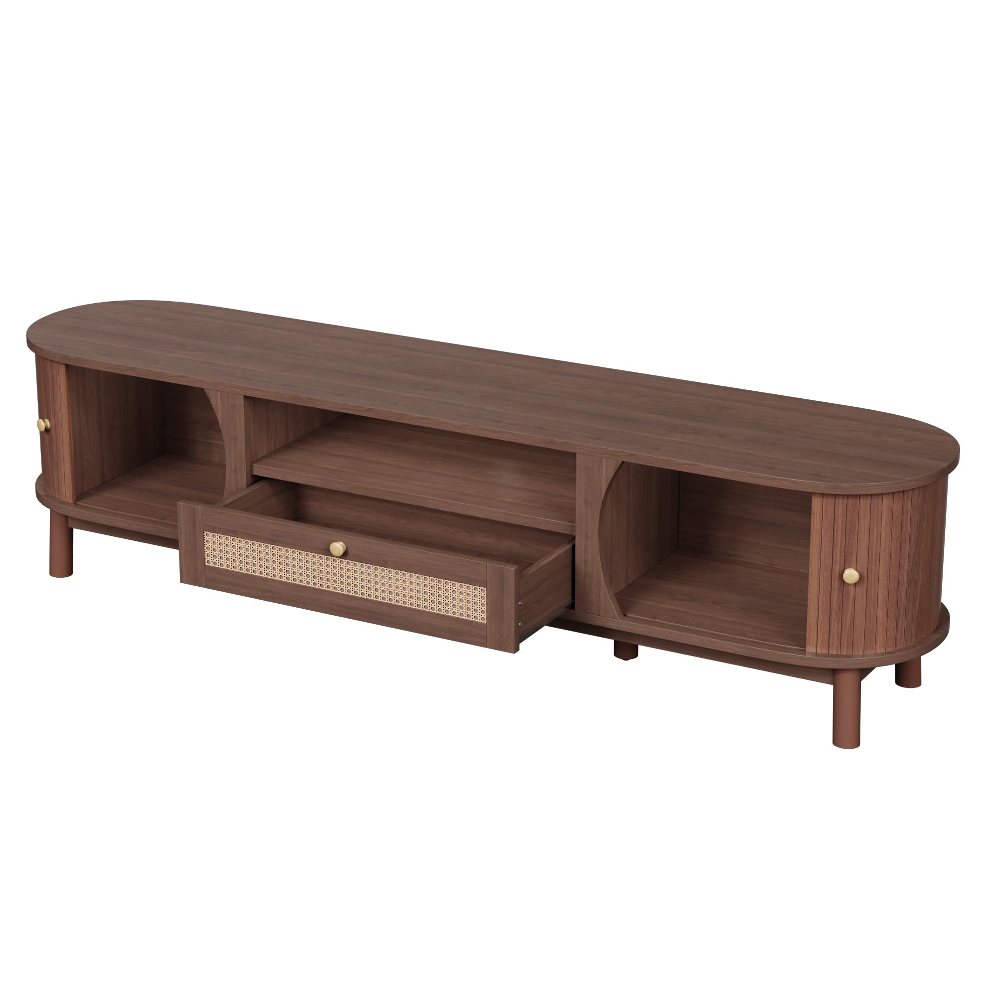Merax TV-Schrank Rattan 165x37x46 cm, Landhausstil, Massivholztüren & handgeflochtene Schubladen, offener & geschlossener Stauraum, Robustes Wohnzimmermöbel, dunkle Holzfarbe