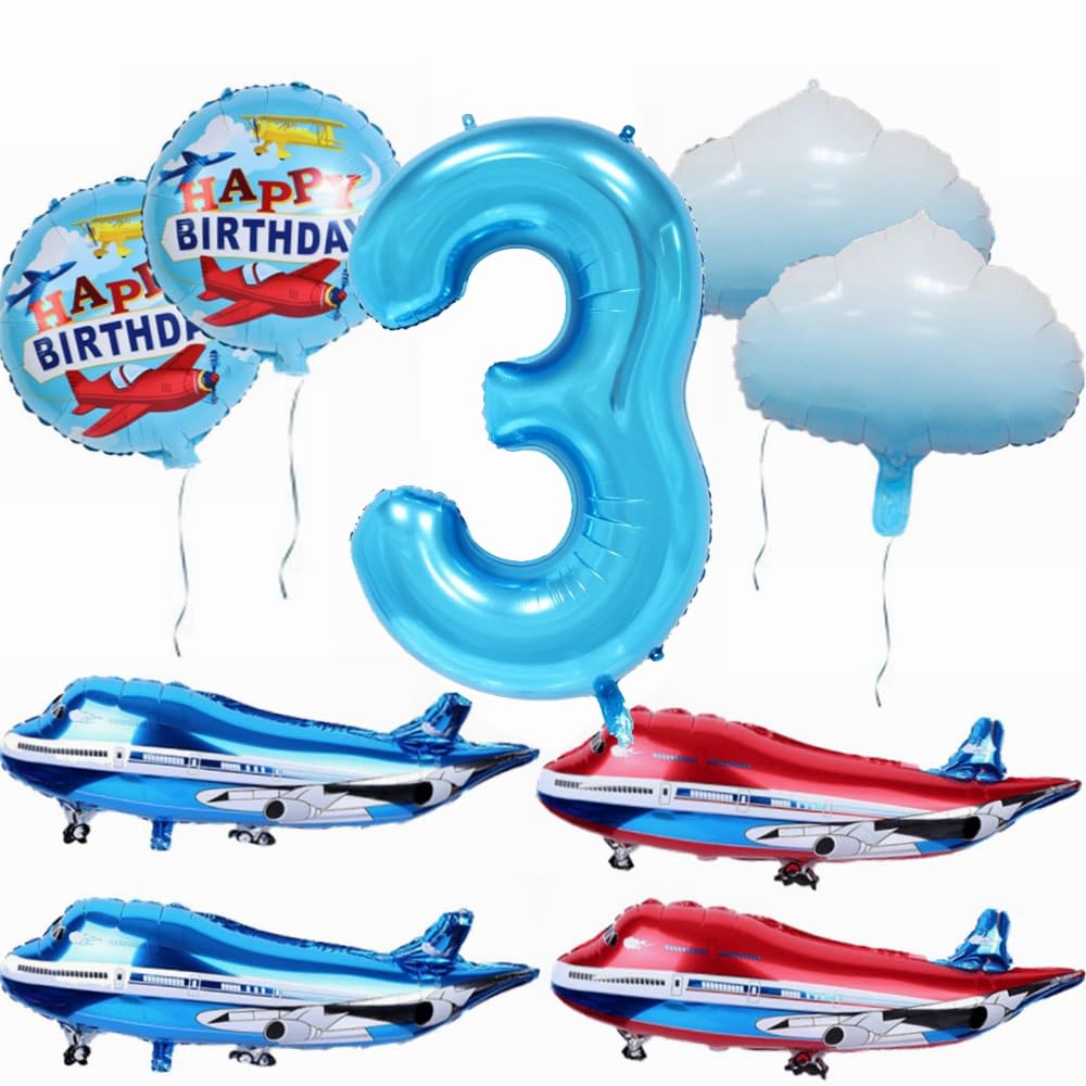 Yunchu Online 3rd Airplane Birthday Decoration Large Blue Red Aeroplane Balloon Airplane Birthday Balloon Airplane Cloud Foil Balloons