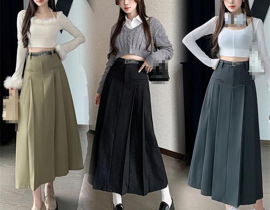 Women's Solid Pleated Midi Skirt with Belted High Waist A-Line Comfortable Office Wear Suit3