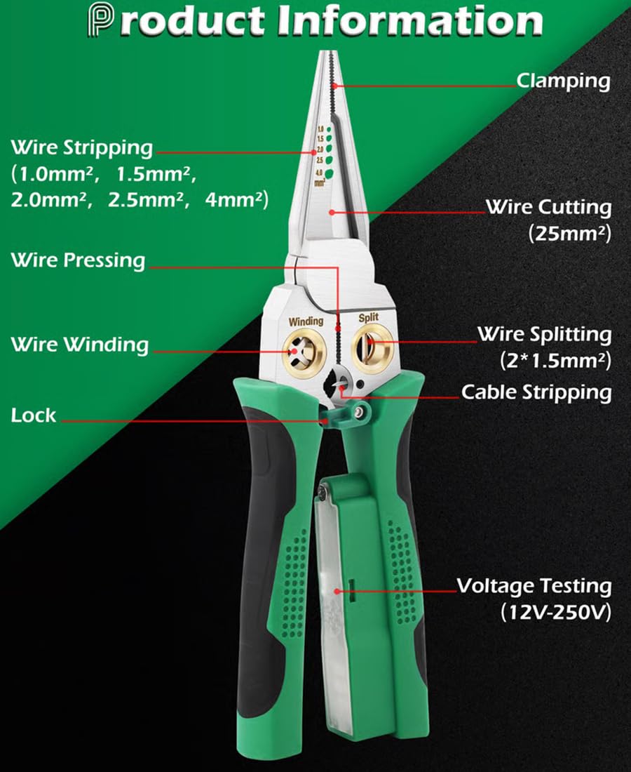 Pinza spelafili 8 in 1 con misurazione dell'elettricità, spelafili 8 in 1 con tester di tensione, strumento spelafili elettrico multifunzione per tagliare e tirare pinze (verde + grigio)