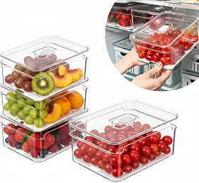 Kit 4 Organizadores Geladeira Armário Cozinha 2,2 Litros Alimentos Vegetais Caixa Plástica para Legumes, Saladas, Frutas