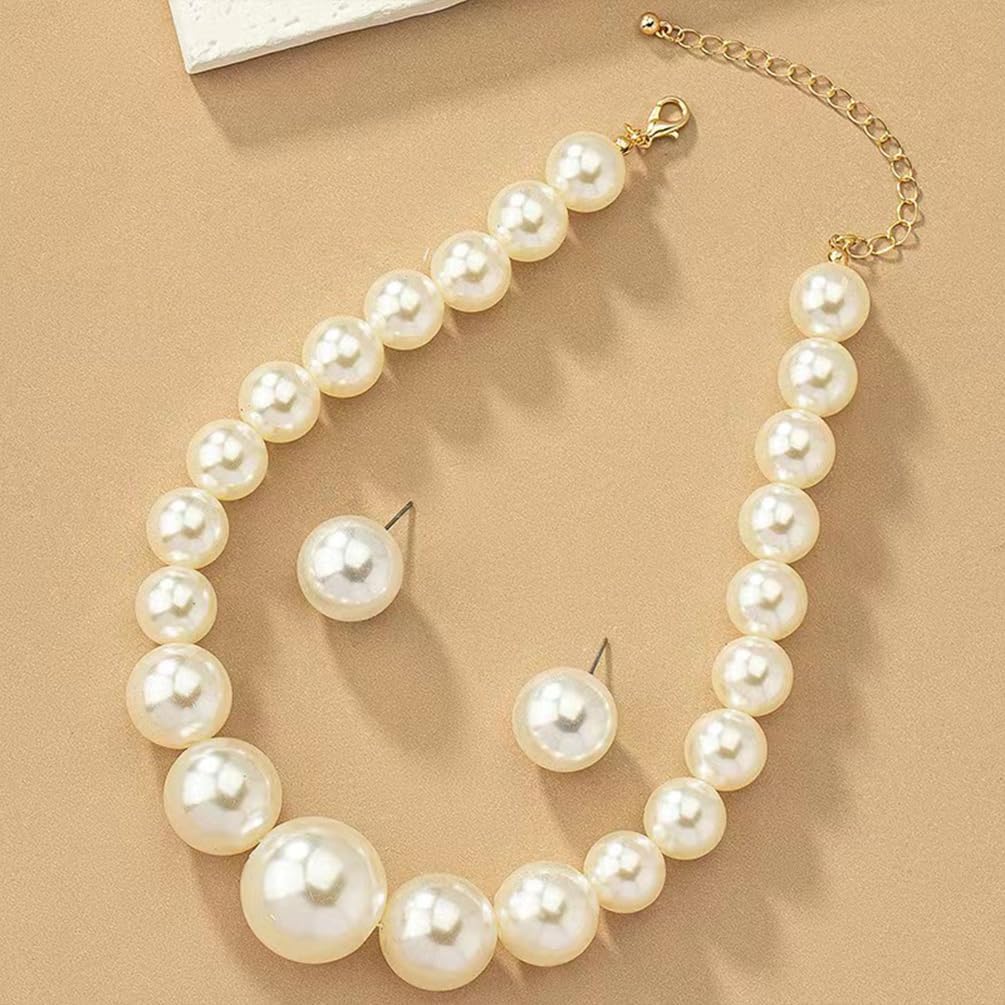 Statement Big Pearl Necklace Stud Earrings Jewelry Set for Women Trendy, Cute Beaded Chunky Pearls Studs Earring Choker Necklaces Party Jewelry Gifts - Image 8