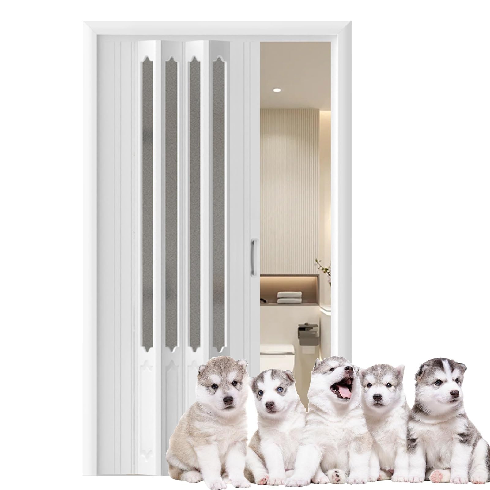 PVC-Falttüren für den Innenbereich, 202 cm hohe Ziehharmonika-Schiebetür mit Hardware-Kit, Waschküche/Innenraum/Raumteiler/Türöffnung, faltbares Türgitter mit Acrylplatte (weiß, 86 x 202 cm)