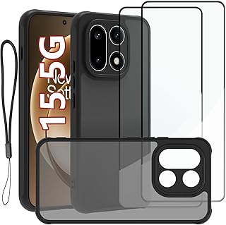 USTIYA Funda Mica x2 para OnePlus 15 1+ 15 Case Matte Acrílico Uso Rudo Carcasa Protectora de cámara Cover Protector de Pantalla Cristal Templado Screen con Correa Cordón Negro FGKM