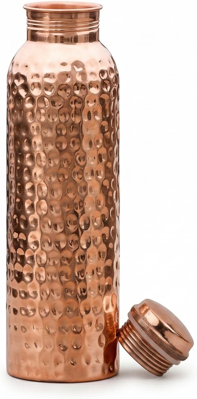 Copper Water Bottle (34oz/1000ml) 100% Pure Handmade Hammered Ayurvedic Pure Copper Vessel for Drinking Heavy Duty & Leak-proof