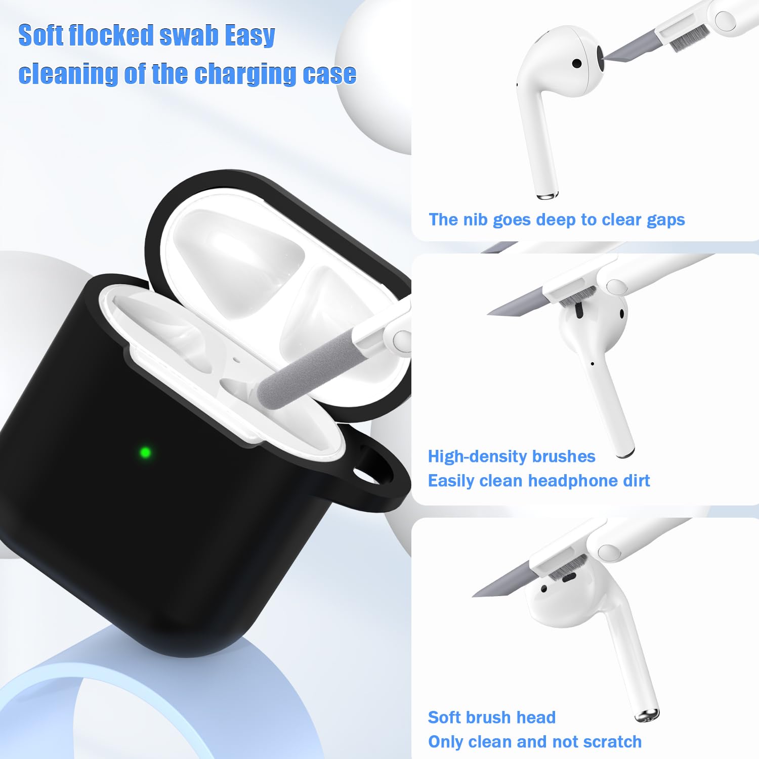 Custodia per Airpods 1a/2a generazione (2016/2019),Custodia protettiva in morbido silicone per Airpods 1a/2a con LED visibile sulla parte anteriore,con kit di pulizia,Nero