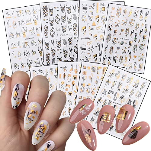Laser Gold Flowers Leaf Leopard Print Abstract Face Lines Nail Art Stickers, Holographic 3D Nail Self-Adhesive Sticker Design for Women Girls Manicure Decorations, Resin Transfer Decals Nail Art Tips