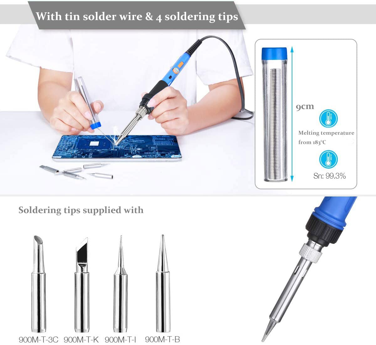 Fer à Souder Set 60W Kit de Soudage Électrique Interrupteur On/Off, Fer à Souder Température Réglable 220~480℃ 4 Pointe Soudage Pompe à Dessouder support Fil de Soudure Pincettes dénudeur de fil
