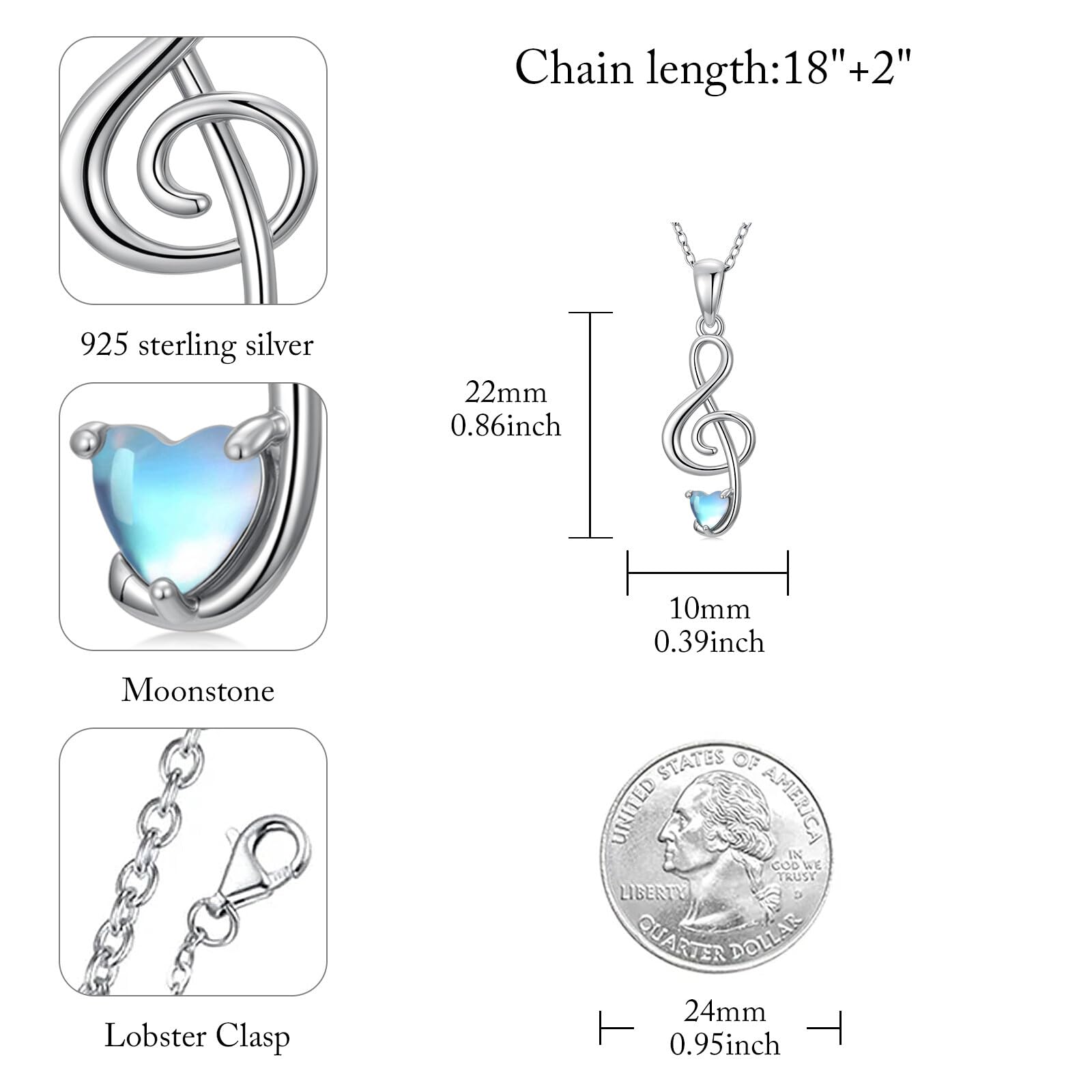Collana da donna con note musicali, in argento Sterling 925, con ciondolo a forma di cuore, pietra di luna, per gli amanti della musica, catenina regolabile da 45 + 5 cm, idea regalo
