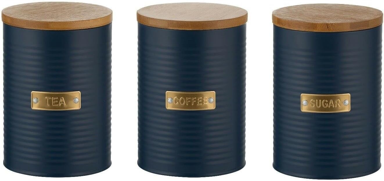 Home Deco London Blue Tea Coffee And Sugar Set Of 3 Round Containers Perfect For Storing | Airtight Kitchen Storage Caddy Canister Jars | With Bamboo Lid 1 Litre (Navy Tea, Coffee & Sugar Storage Set)