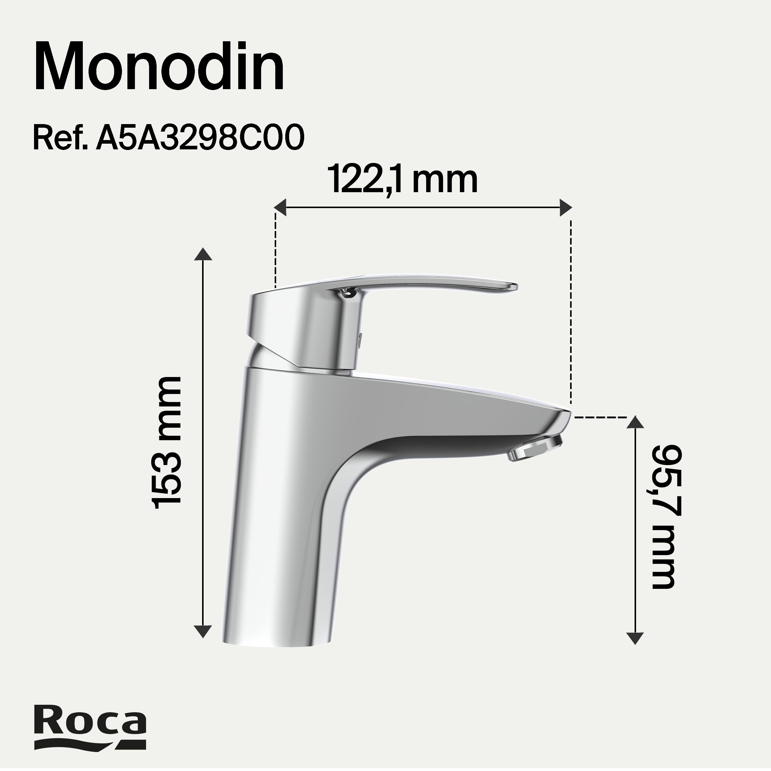 Roca Monodin Grifería para lavabo con tecnología Cold Start, grifo monomando de repisa con enlaces de alimentación flexibles, mezclador de cuarto de baño de fácil instalación, cromado, A5A3298C00