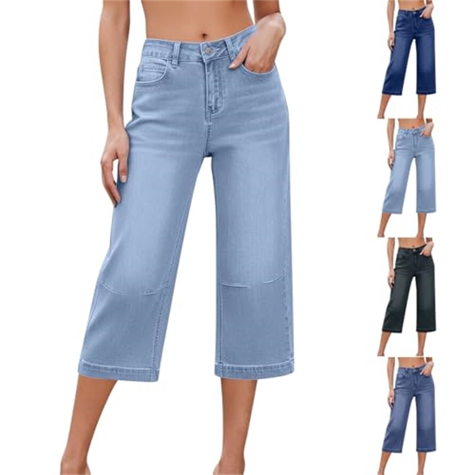Pantacourt Baggy en denim pour femme - Coupe ample - Coupe ample - Coupe droite - Couleur unie - Coupe droite - Coupe droite - Courbé - Pantalon de loisirs - Avec poches