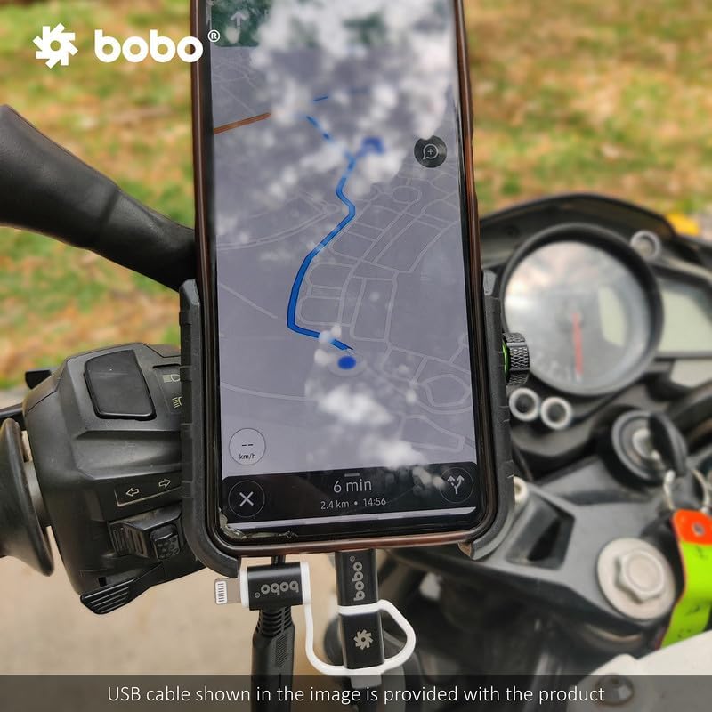 Image of BOBO BM1 PRO Jaw-Grip Waterproof Bike /Motorcycle /Scooter Mobile Phone Holder Mount with Fast USB 3.0 Charger, SAE Connector & Small USB Cable, Ideal for Maps and GPS Navigation (Silver)
