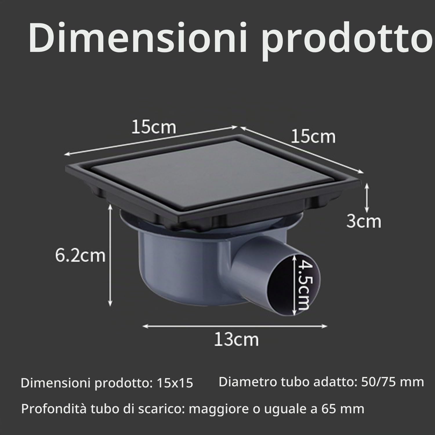 Canalina per doccia quadrata 15 x 15 cm,Piletta Doccia a Pavimento,Nero Scarico Pavimento Doccia,Con Sifone Antiodore a 360°,Filtro Antiodore e Filtro Per Capelli,Per Bagni,Cantine,Interni Ed Esterni