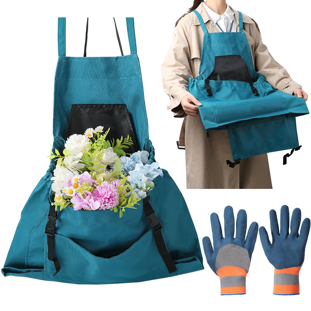 GORGECRAFT Ensemble de Tablier de Jardin en Tissu Vert Lavable à l'eau Pochette de Récolte de Légumes Sac de Cueillette de Fruits avec Poche à Dégagement Rapide Gants de Travail en Nylon