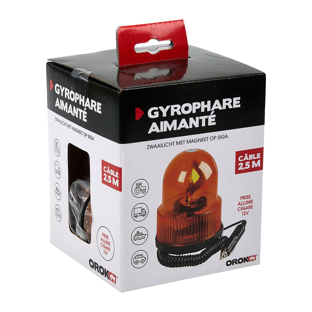 OROK 641979 Gyrophare Orange 12V Aimanté – Gyrophare Rotatif avec Prise Allume-Cigare Câble 3 m – Signalisation Véhicule Agricole, Chantier et Utilitaire – Conforme CE