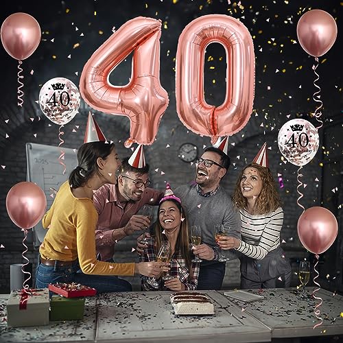 Image of 40th Birthday Balloons Rose Gold, 40th Birthday Decoration for Women with Large Foil 40 Number Balloons 12 Inch Rose Gold Birthday Print Confetti Balloon Metallic Balloons for 40th Birthday Decor