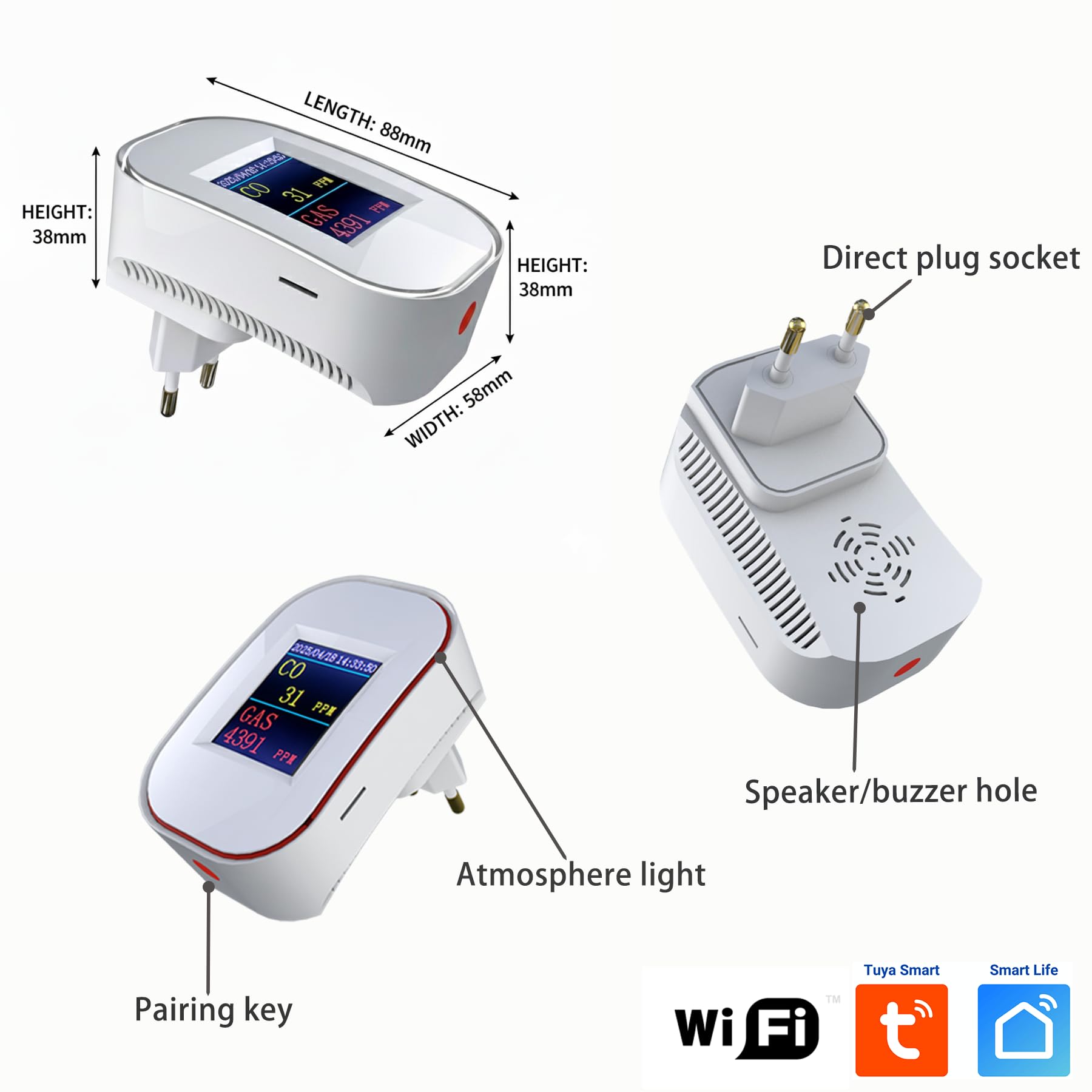 Detector de Gas y Monóxido de Carbono WiFi con Enchufe, Detector de Gas Natural y CO con Pantalla LED, App Tuya/Smart Life, Certificado EN50291 & EN50194, para Cocina, Casa, Garaje y Caravana