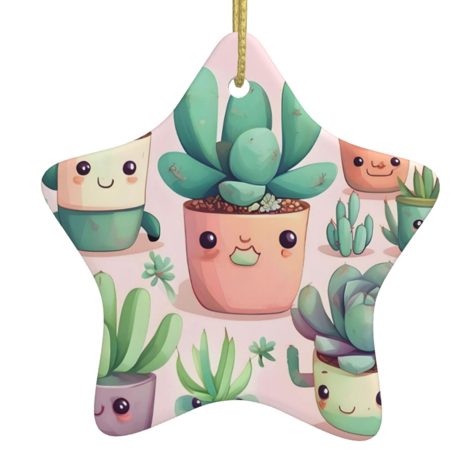 Lovely Succulent Plants Christmas Ceramic Star Pendant with Punched Holes and Gold Wire Rope, Christmas Tree Home Decoration