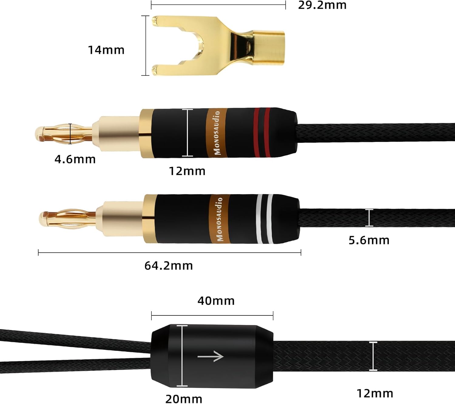 Monosaudio ペア オーディオマイル スピーカーケーブル コンバーチブル バナナスペード 金メッキコネクター ナイロン編組