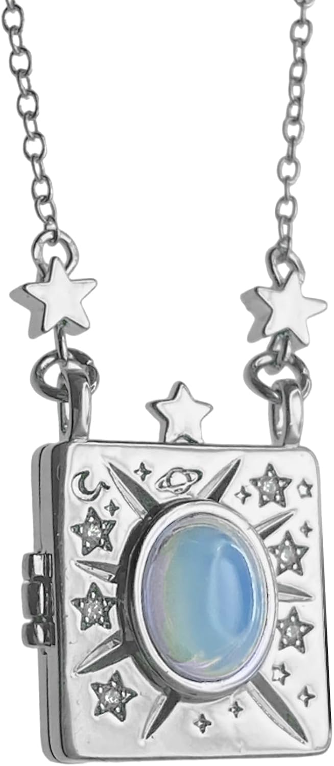 Qina C. Gold Necklace Opal Stone Galaxy Star Moon Photo Locket Pendant w/Station ball Chain Gold tone Hold Picture DIY Gift f/Women Birthday (Silver-No Customization)