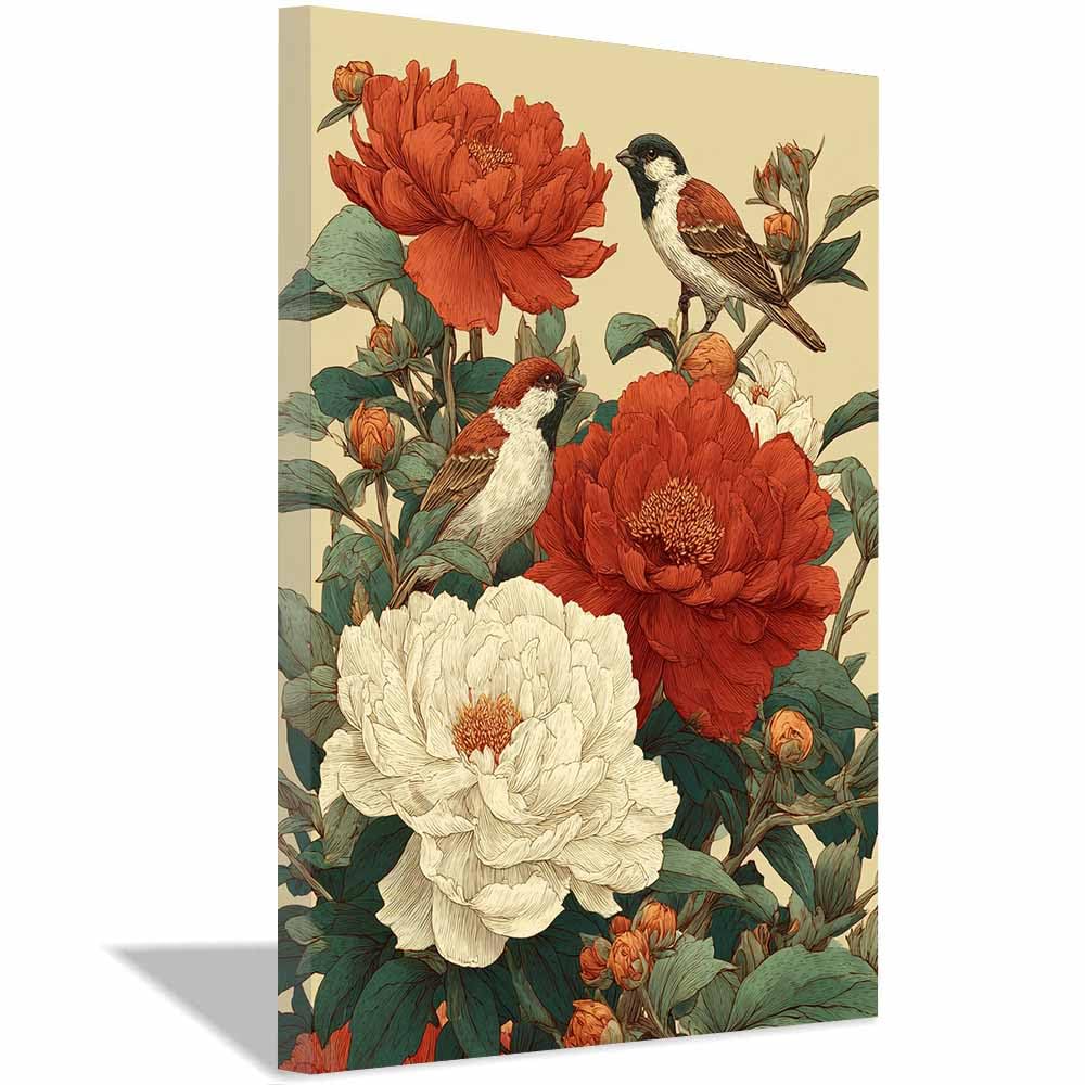 Hoqiu Multicolor Botanical Prints Vintage Bird & Peony Artwork, Wall Decoration Living Room Bedroom Hallway Stairs Decoration.(Multicolor)-30X40cm Framed
