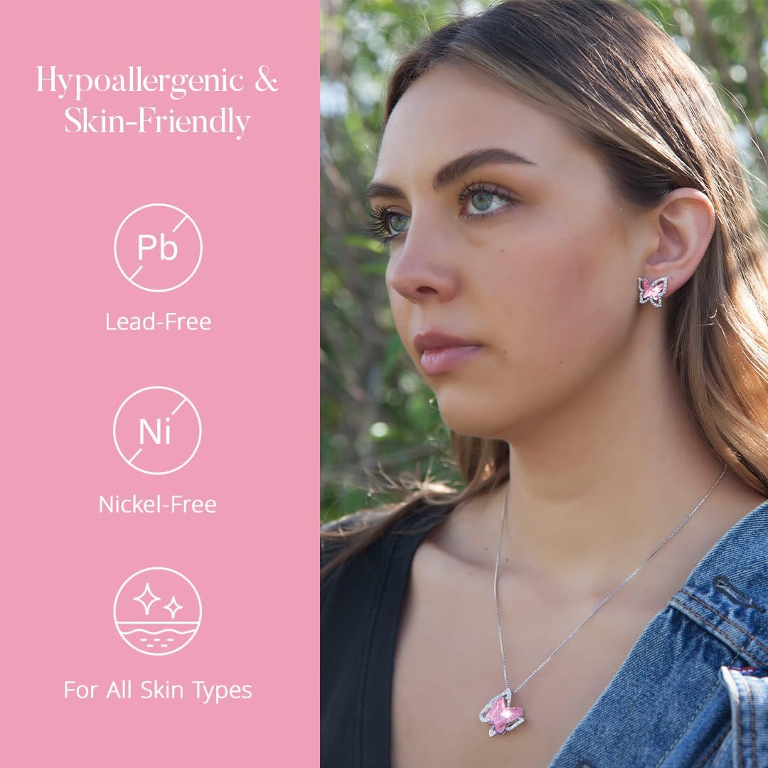 Valentine's Day Gift For Women Butterfly Crystal Stud Earrings with Premium Birthstone, Silver-Tone - Image 4