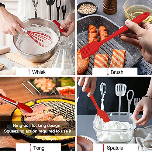 Image of LIANYU 12-Piece Red Silicone Kitchen Cooking Utensils with Holder, Kitchen Tools Set Include Slotted Spatula Spoon Turner Ladle Tong Whisk, Dishwasher Safe