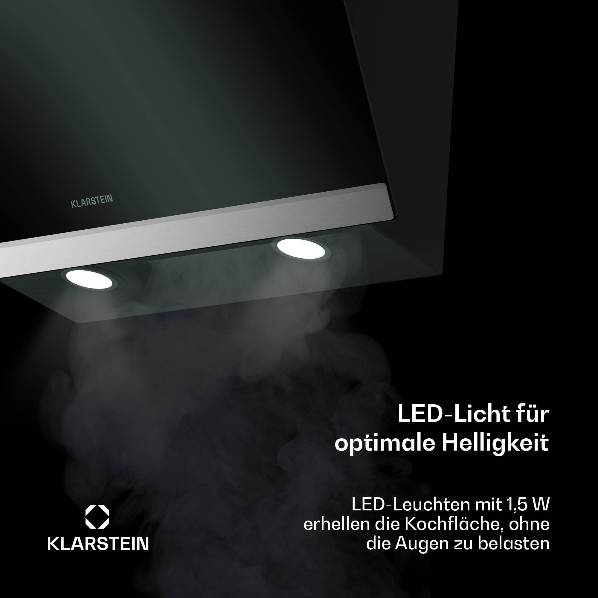 Klarstein FlashLine Dunstabzugshaube 60 cm Kopffreihaube Touchscreen 524 m³/h A++ LED-Beleuchtung leise 34,5 dB Schwarz Abluft Umluftbetrieb