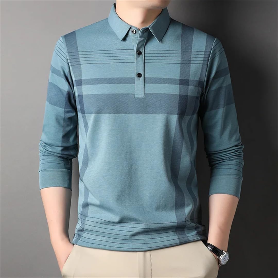 Vogrtcc Gestreiftes Herren-Poloshirt, langärmelig, normale Passform, lässiges Oberteil mit Knopfleiste, atmungsaktives Soft-Touch-Gewebe