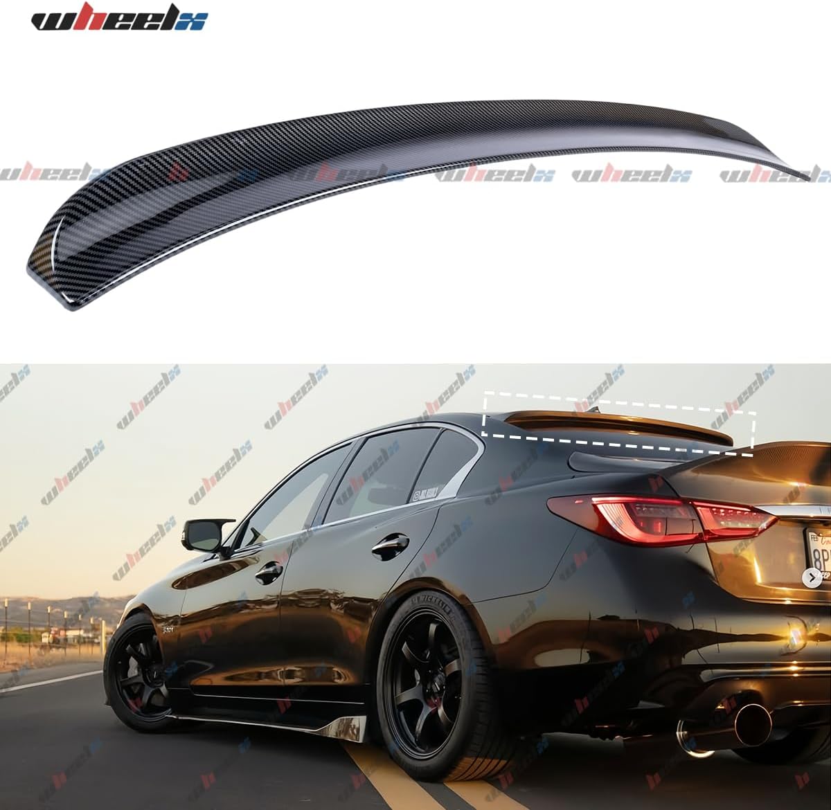 Rear Roof Spoiler Compatible with 2014-2024 Infiniti Q50, JDM Style Duckbill Fits for 14-24 4 Door Sedan, Exterior High Kick Splitter Wing Lip (Carbon Fiber Pattern)