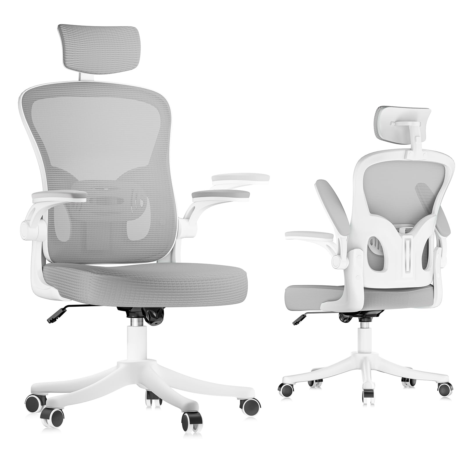 Sedia da ufficio ergonomica con poggiatesta regolabile e supporto lombare, sedia da scrivania in rete traspirante, ruote a 360°, montaggio senza attrezzi (grigio)