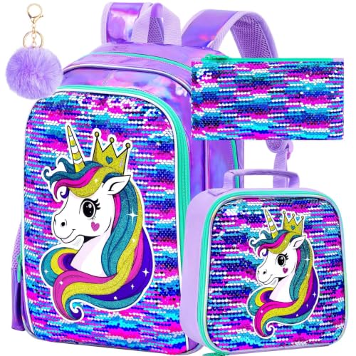 Image of CCJPX 3Pcs Unicorn Backpack, 16 inch Girls Sequin Bookbag with Lunch Box, Kids Water Resistant Elementary School Bag for Kindergarten Preschool Toddler (Purple)