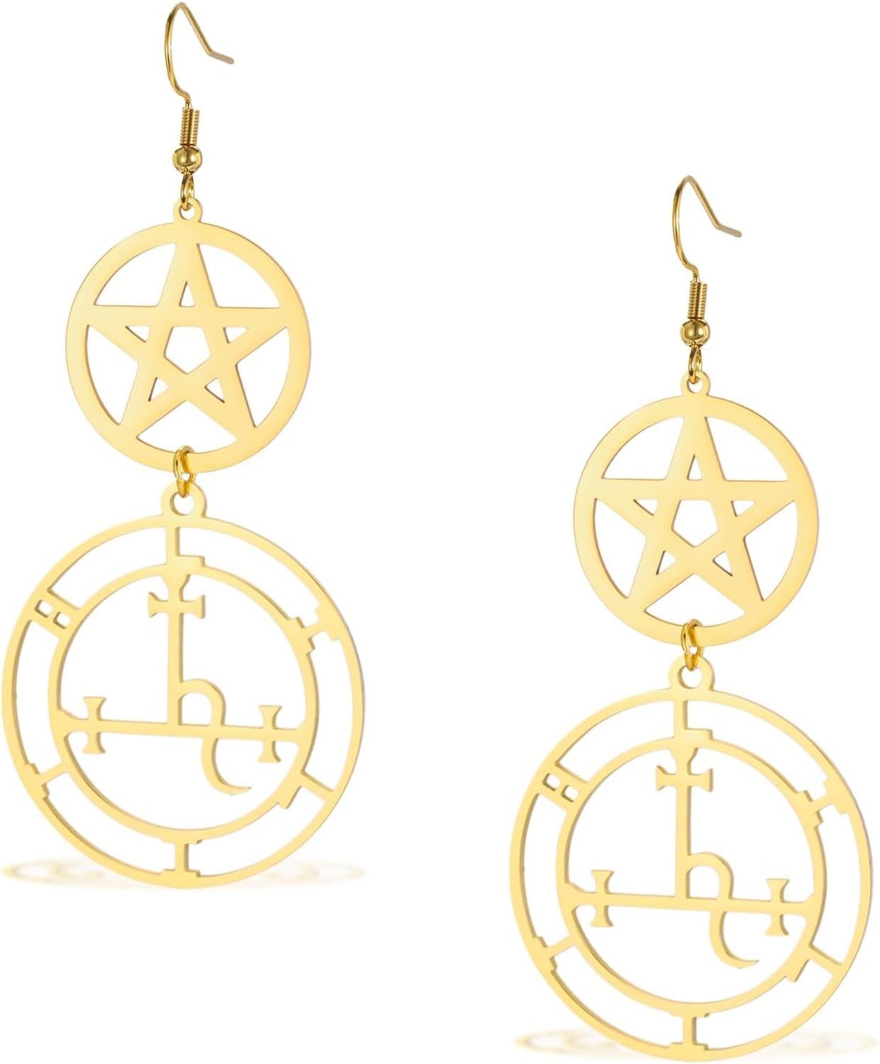 WOMGKDA Hecate Wheel Wiccan Pentagram Dangle Earrings Stainless Steel Goddess Sigil of Lilith Jewelry for Women, gold lilith earrings