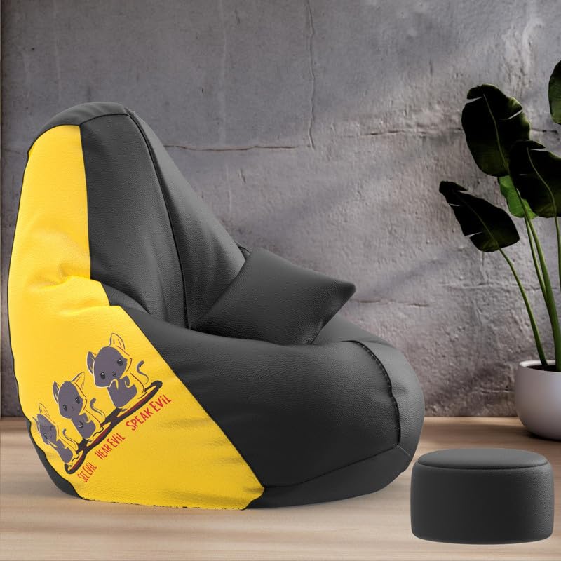 Biggie Bean Bag Chair Cover 4XL Evergreen Classics Bean Bag-Loud Prints-Soft Landings-Styled with Free Cushion & Footrest (Matching Color : Printed See Hear Speak-Black)-image-32