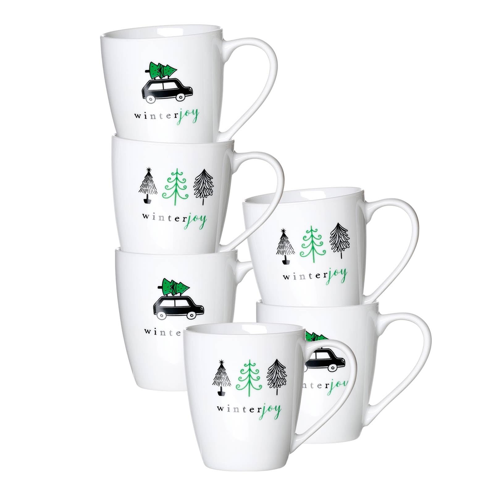 Ritzenhoff & Breker Winter Joy Green Henkelbecher-Set 6-teilig, Kaffeebecher 360 ml mit Winter- und Weihnachts-Motiven, Porzellan, Spülmaschinenfest & Mikrowellengeeignet